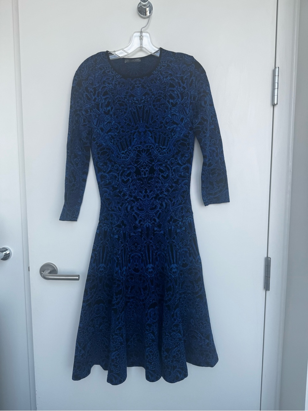 Alexander McQueen Navy Blue Jacquard Fit-and-Flare Dress
